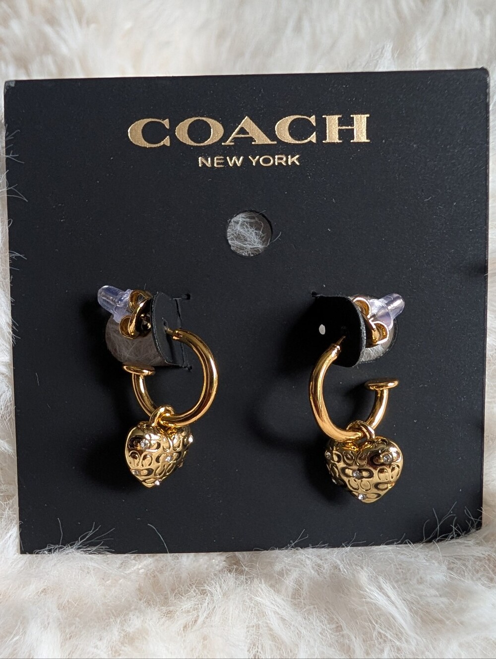 COACH Signature Heart Charm Dangle Huggie Hoop Earrings